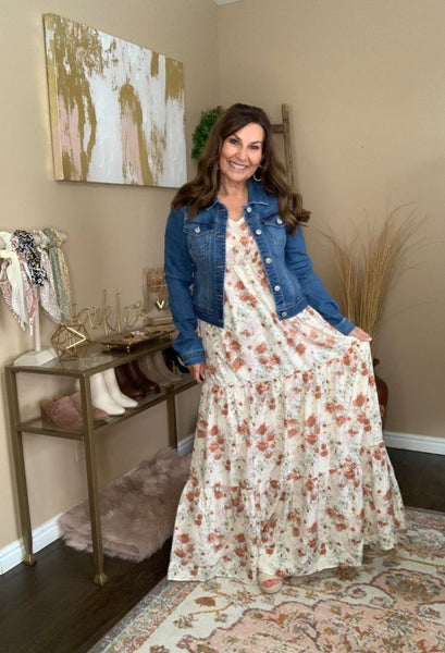 denim jacket with maxi dress