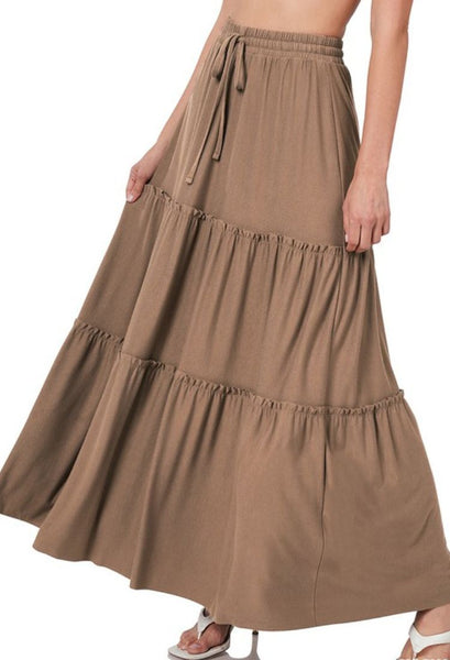 Bohemian Tiered Maxi Skirt in Mocha