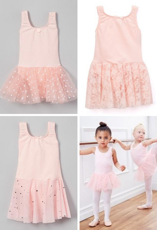 girls pink ballet dresses with dots, lace or stars
