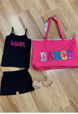 Girls black camisole with hot piink sequin "dance" on chest, black dance shorts, hot pink dance bag
