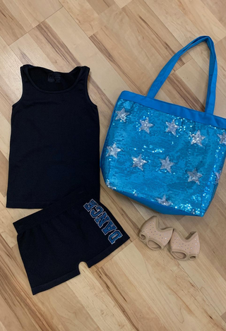 girls black tank top, black dance shorts and turquoise bag with silver stars