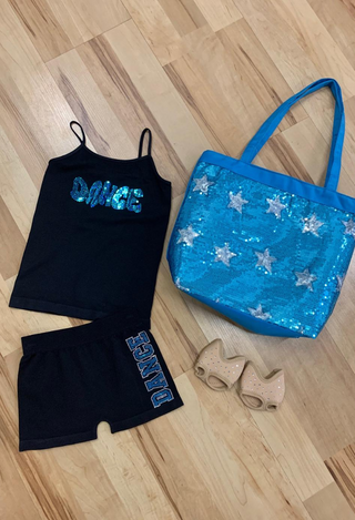 girls black camisole top with sequin "dance" on chest, black/turquoise shorts, turquoise bag