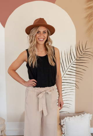 Hana Curved Hem Tank in black with khaki pants