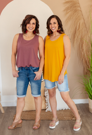 Hana Curved Hem Tank in mauve and sunshine yellow with denim shorts