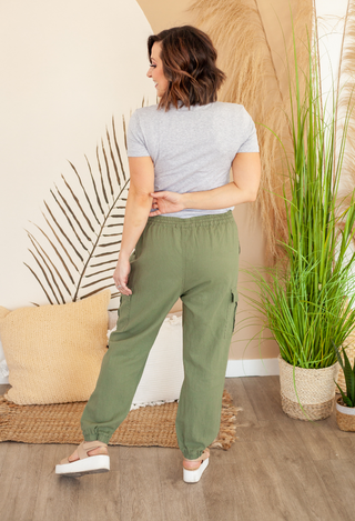 Linen Cargo Pants in Olive with grey tee back view