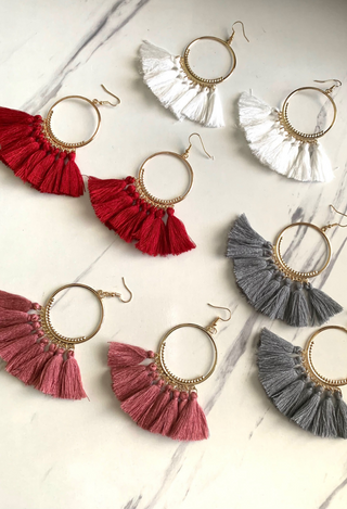 Tassel Drop Earrings in Rose, burgundy, white and grey