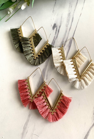 V Tassel Hoop Earrings rose, cream sage