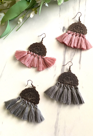 Antique Half Moon Fringe Earrings in Rose pink