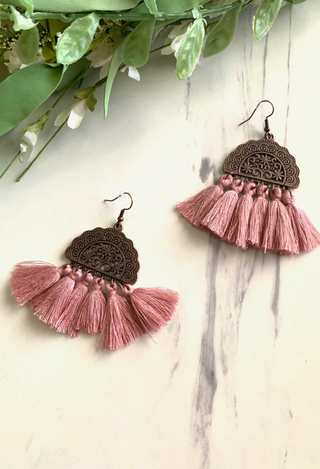 Rose pink Antique Half Moon Fringe Earrings