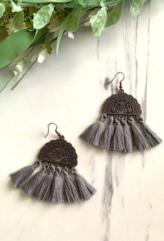 grey Antique Half Moon Fringe Earrings