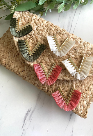 V Tassel Hoop Earrings cream, rose, sage 