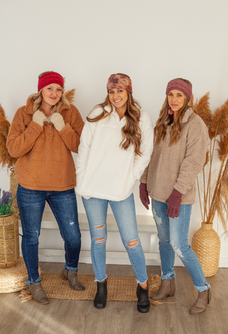 Kan Can Jeans in light and dark wash with sherpa jackets in camel, white and tan