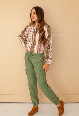 Olive Linen Cargo Pants-Dot Dot Dream