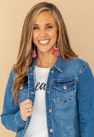 Rose Tassel Drop Earrings with denim jacket
