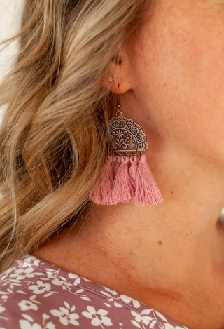 rose pink Antique Half Moon Fringe Earrings
