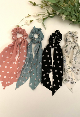 Scarf Hair Scrunchies in mauve dot, blue floral, black  dot and white floral