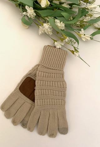 beige knitted gloves