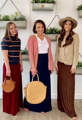 Maxi Skirt in burgundy, navy and americano brown with sweater and cardigans 