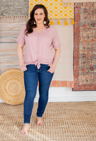 Waffle Button Knit Top in blush pink