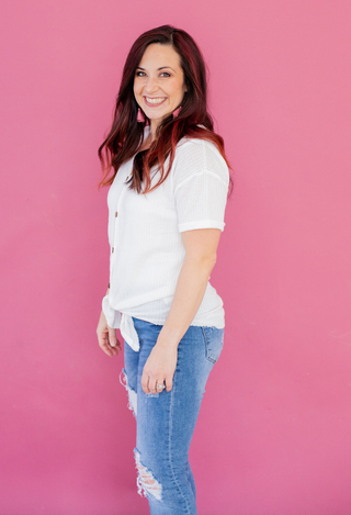 Waffle Button Knit Top in white