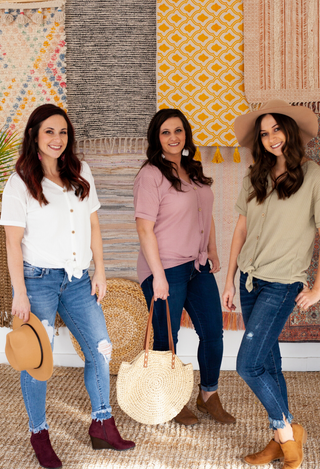 Waffle Button Knit Top in white blush and sage with jeans and bags