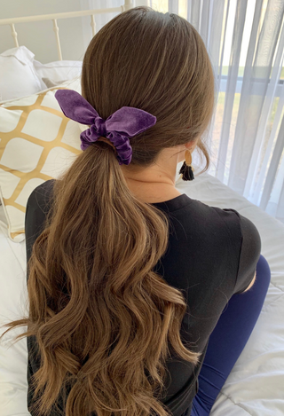 velvet bunny ear scrunchies in purple