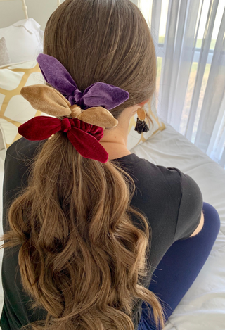velvet bunny ear scrunchies purple, camel, burgundy