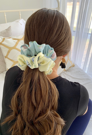 blue and yellow floral hair scrunchies