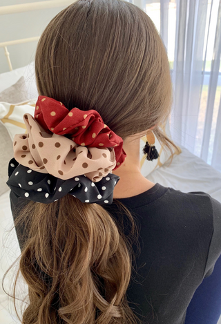 Luxe scrunchies in red, mauve, black