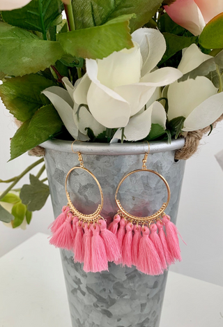 Tassel drop earrings in pink with flowers