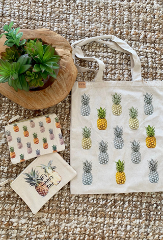 Pineapple Canvas Tote bag and make up zip bags