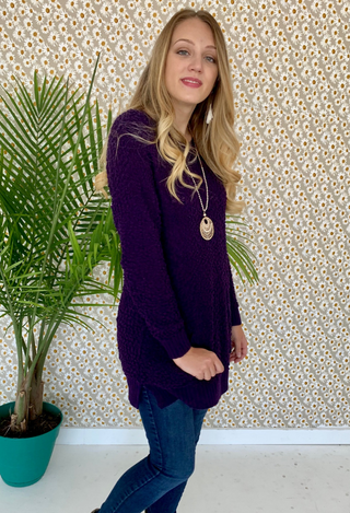 Popcorn sweater in purple with jeans