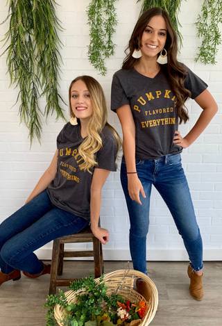 Pumpkin Everything Tee in charcoal with jeans