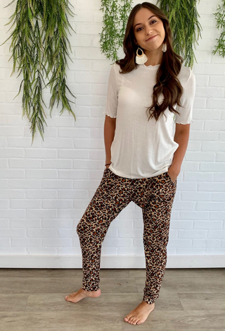 Leopard lounge pants with white top