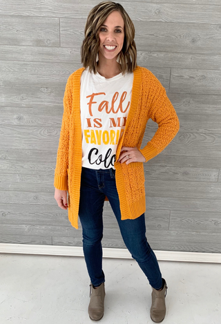 Fall is my favorite Tee with golden cardigan and jeans