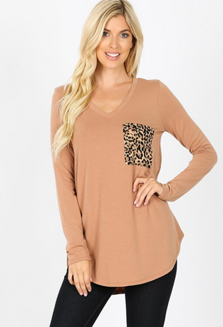 Tan long sleeve leopard pocket top
