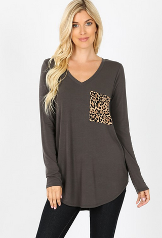 Charcoal long sleeve leopard pocket top