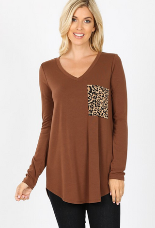 Brown long sleeve leopard pocket top