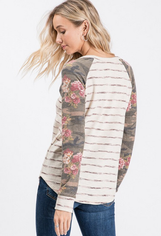 Floral Stripe top in oatmeal with jeans back view