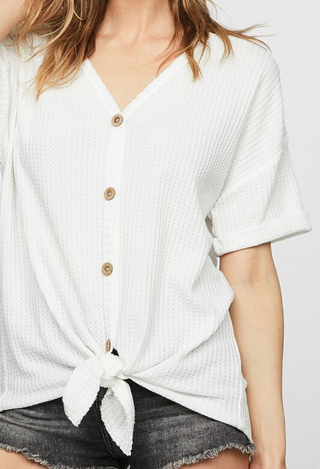 Waffle Button Knit Top in white