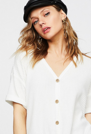 Waffle Button Knit Top in white