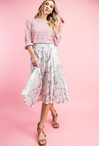 grey Marbled Midi Skirt with pinnk sweater