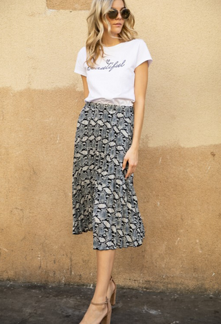 Animal Print Midi skirt in black with white top
