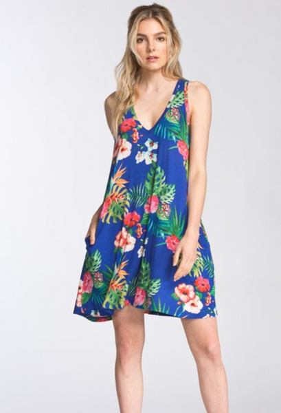 Tropical Floral Dress in Sapphire-Final Sale
