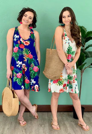 tropical floral tank dresses in blue and cream