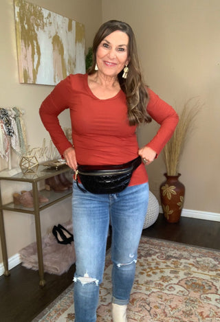 Harley Black Crossbody bag with red top & jeans