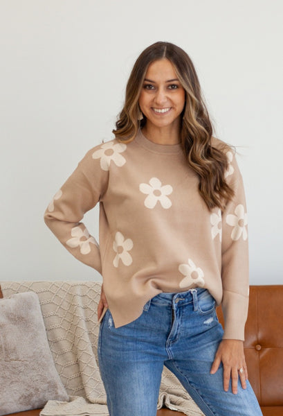 Flower Jacquard Sweater in Taupe