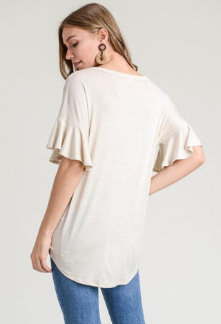 beigr ruffle sleeve top
