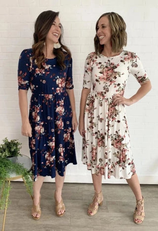Autumn Floral Dress in navy & Ivory