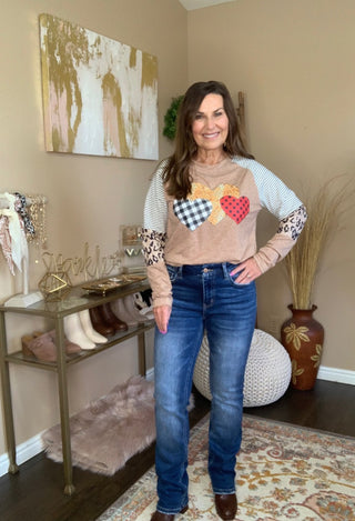wild hearts top iin taupe with bootcut jeans